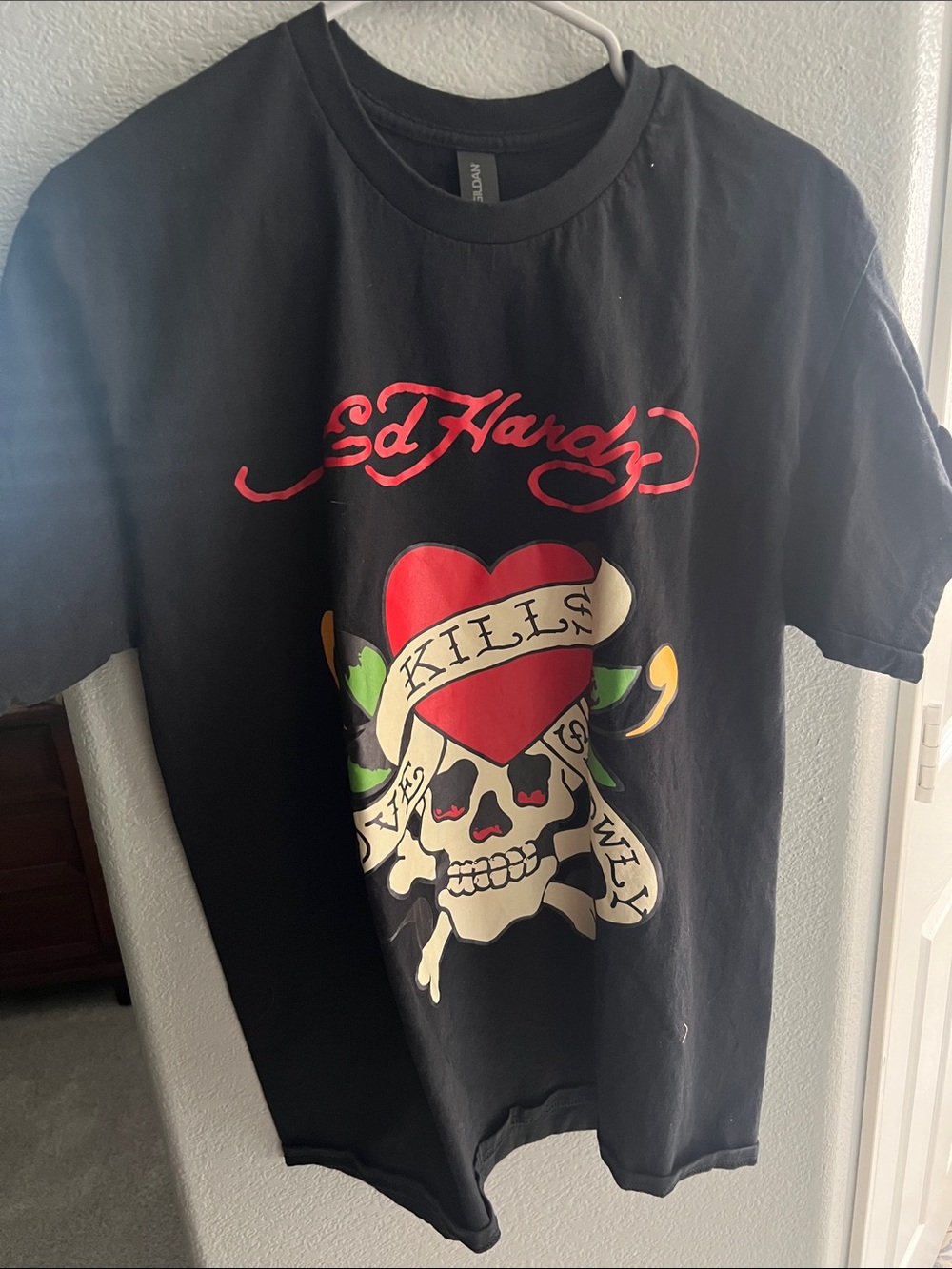 Ed Hardy Black Tee with Red Heart Skull Graphic